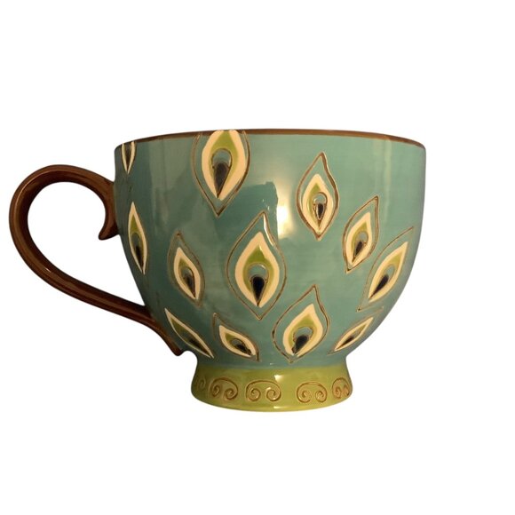 Pier 1 Imports Dolomite Peacock Hand Painted Footed Coffee Mug Tea Cup 3.5” Tall - Picture 2 of 5